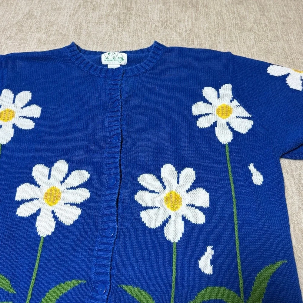 Quacker Factory 1X Blue Daisy Ladybug Ramie Cotton Button Front Cardigan